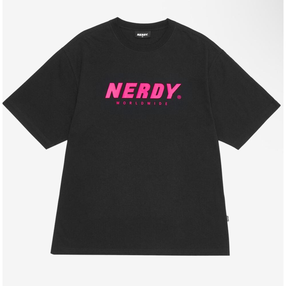 Nerdy Worldwide Black Pink Graphic Tee, Korean Streetwear, Unisex Size Large